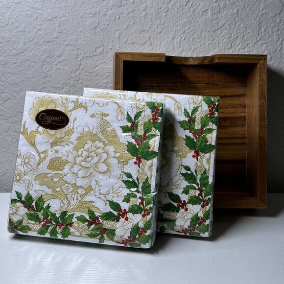 Holiday Cocktail Napkins with Teak Napkin Holder Holiday Gift Set-BNIB - Picture 4 of 5